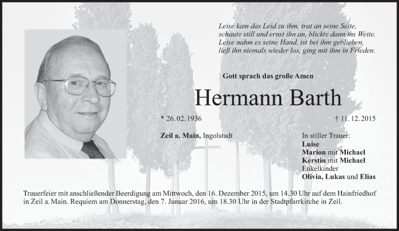  Traueranzeige für Hermann Barth vom 14.12.2015 aus MGO