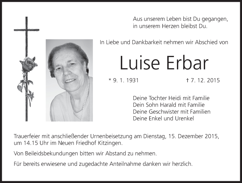  Traueranzeige für Luise Erbar vom 12.12.2015 aus MGO