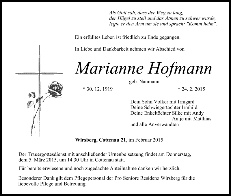  Traueranzeige für Marianne Hofmann vom 03.03.2015 aus MGO