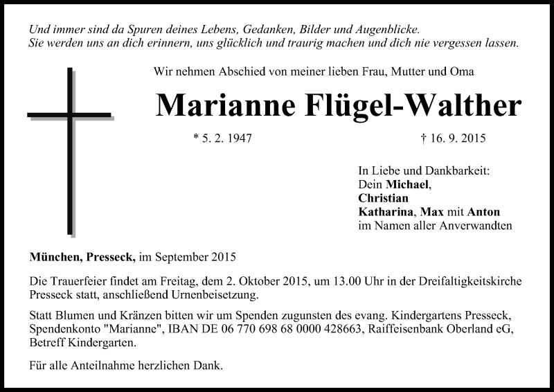  Traueranzeige für Marianne Flügel-Walther vom 30.09.2015 aus MGO