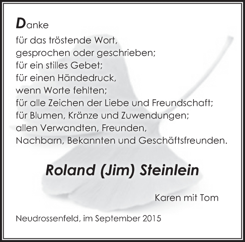  Traueranzeige für Roland Steinlein vom 12.09.2015 aus MGO