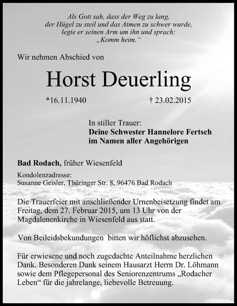  Traueranzeige für Horst Deuerling vom 26.02.2015 aus MGO