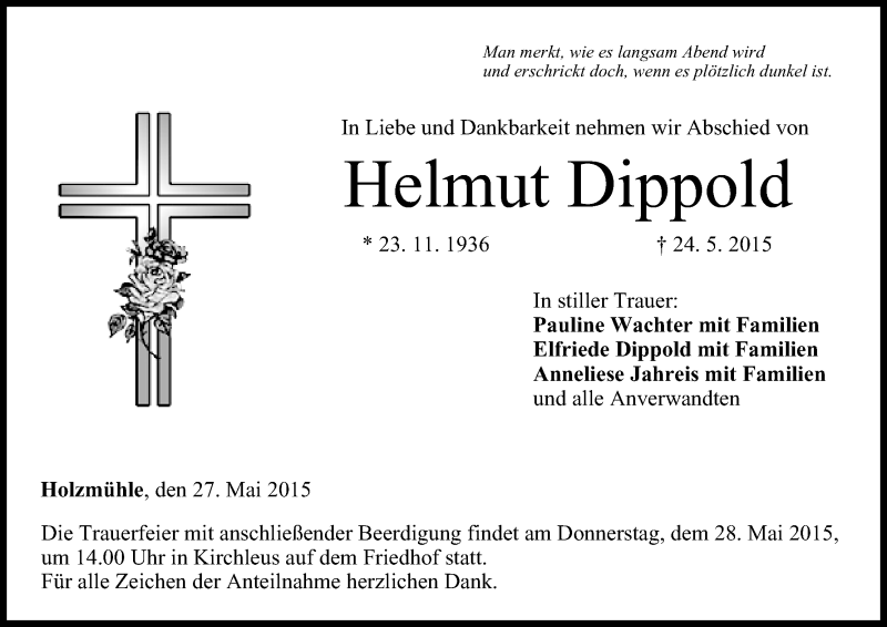  Traueranzeige für Helmut Dippold vom 27.05.2015 aus MGO