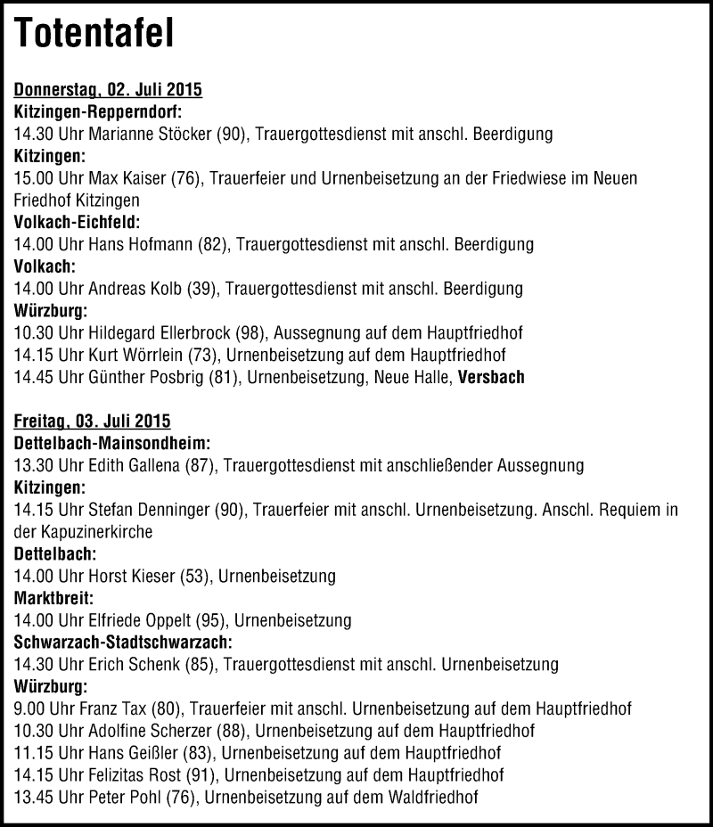  Traueranzeige für Stefan Denninger vom 02.07.2015 aus MGO