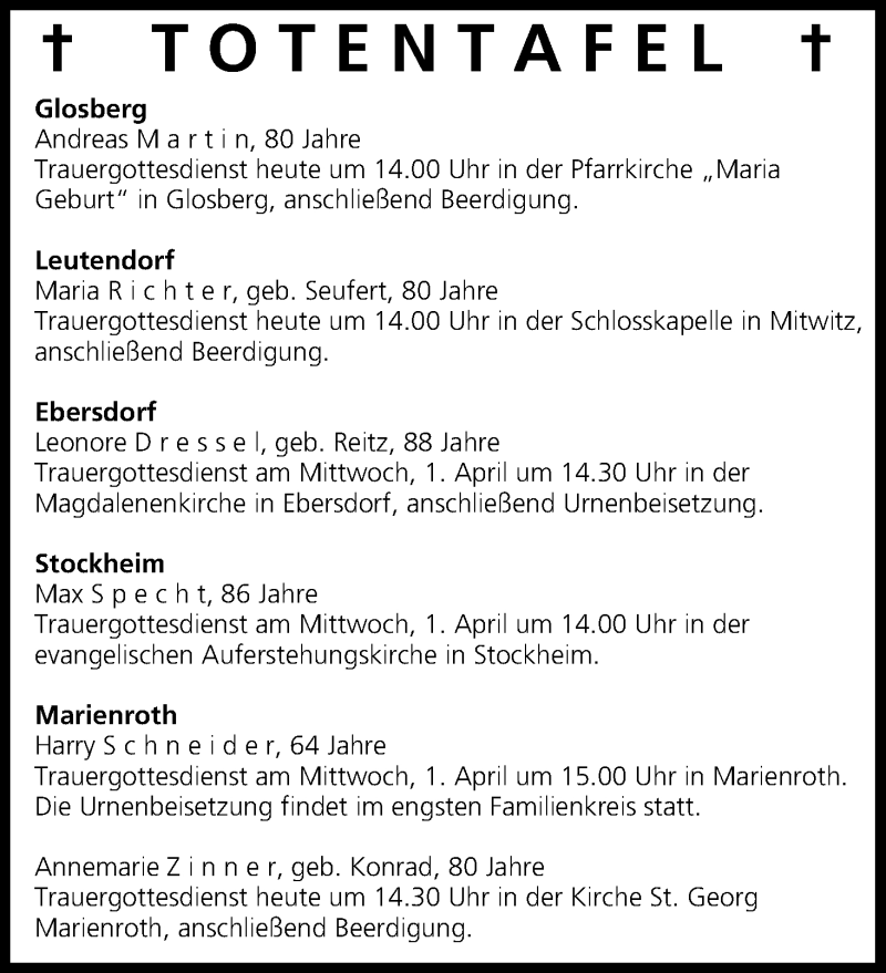  Traueranzeige für Totentafel 31.03.2015 vom 31.03.2015 aus MGO