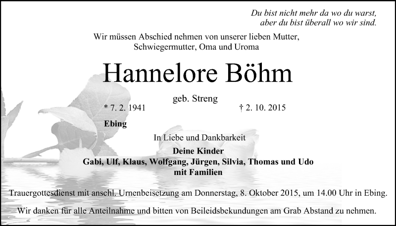  Traueranzeige für Hannelore Böhm vom 06.10.2015 aus MGO