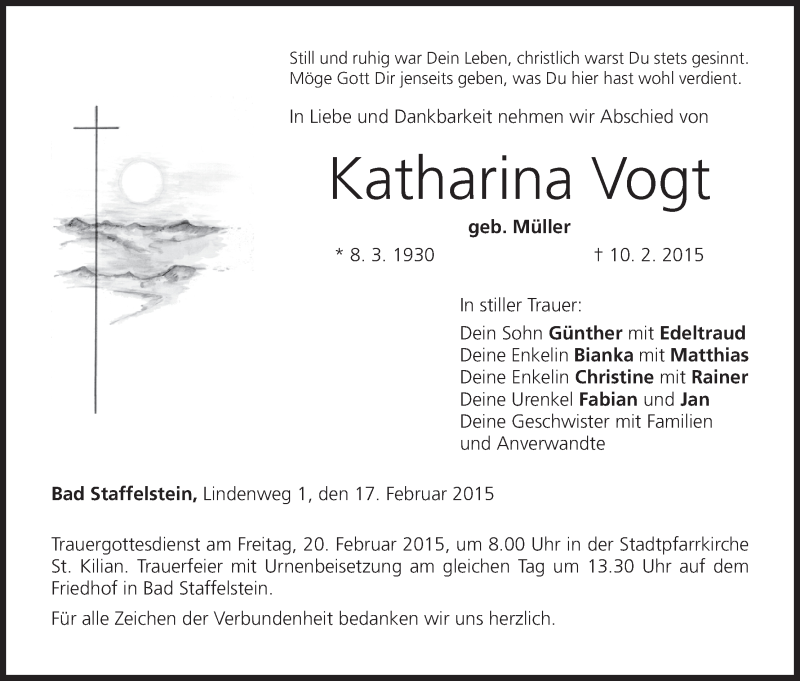  Traueranzeige für Katharina Vogt vom 17.02.2015 aus MGO