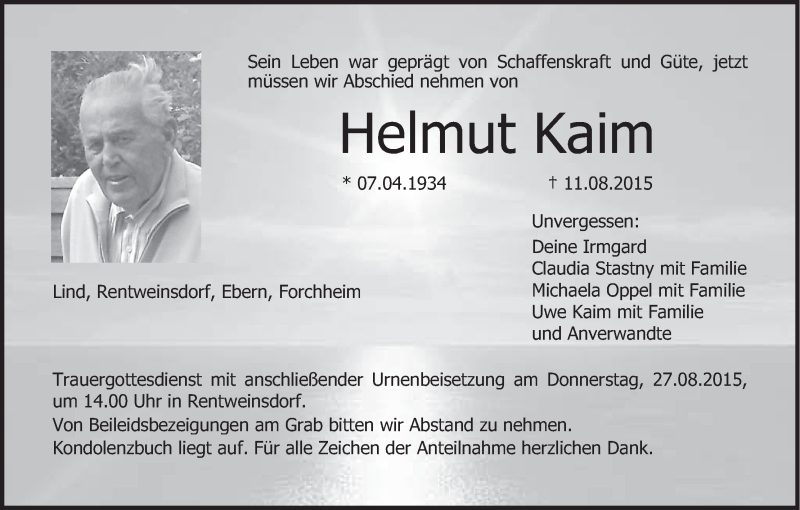  Traueranzeige für Helmut Kaim vom 22.08.2015 aus MGO