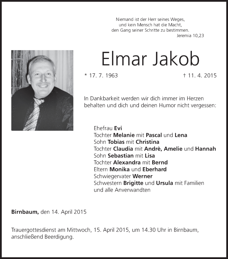  Traueranzeige für Elmar Jakob vom 14.04.2015 aus MGO