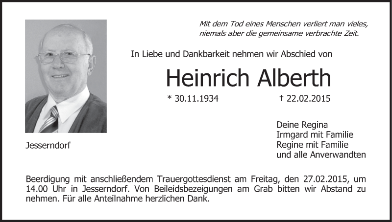  Traueranzeige für Heinrich Alberth vom 25.02.2015 aus MGO