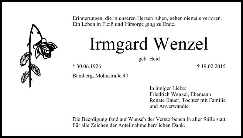  Traueranzeige für Irmgard Wenzel vom 28.02.2015 aus MGO
