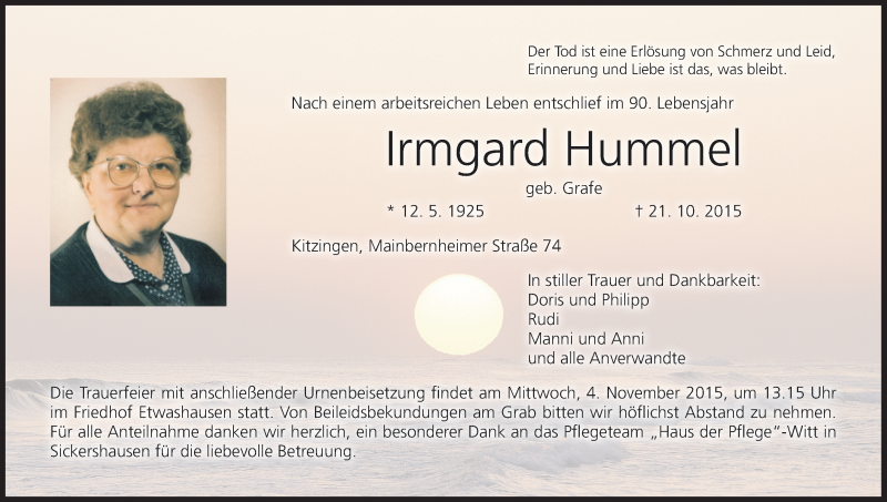  Traueranzeige für Irmgard Hummel vom 02.11.2015 aus MGO