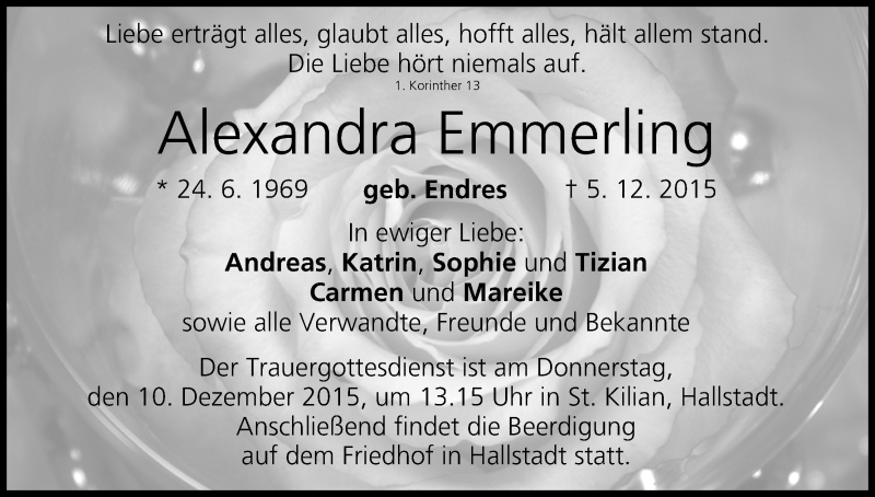  Traueranzeige für Alexandra Emmerling vom 08.12.2015 aus MGO