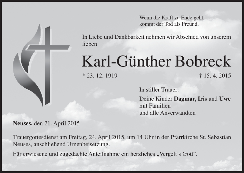  Traueranzeige für Karl-Günther Bobreck vom 21.04.2015 aus MGO