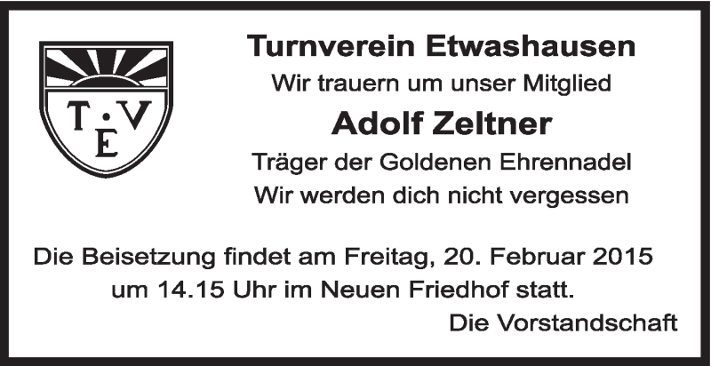  Traueranzeige für Adolf Zeltner vom 19.02.2015 aus MGO