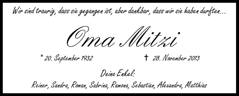  Traueranzeige für Maria Batz vom 07.12.2013 aus Mediengruppe Oberfranken