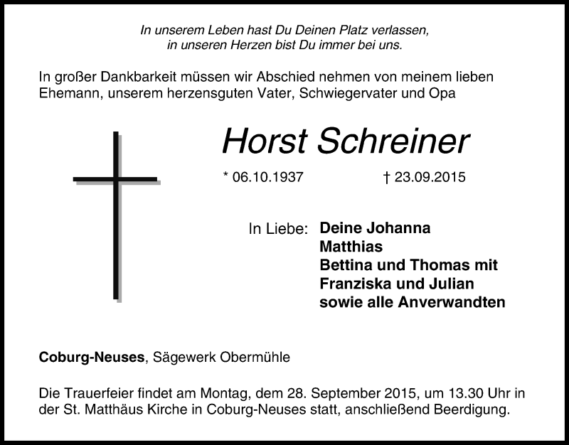  Traueranzeige für Horst Schreiner vom 26.09.2015 aus MGO
