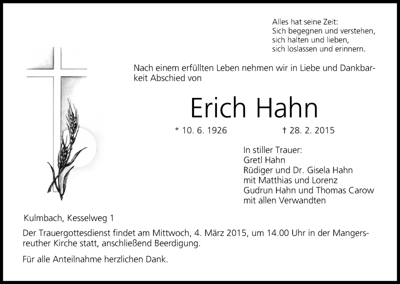  Traueranzeige für Erich Hahn vom 02.03.2015 aus MGO