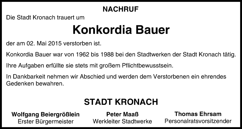  Traueranzeige für Konkordia Bauer vom 07.05.2015 aus MGO