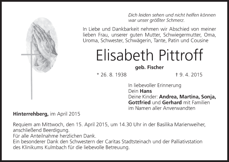  Traueranzeige für Elisabeth Pittroff vom 13.04.2015 aus MGO