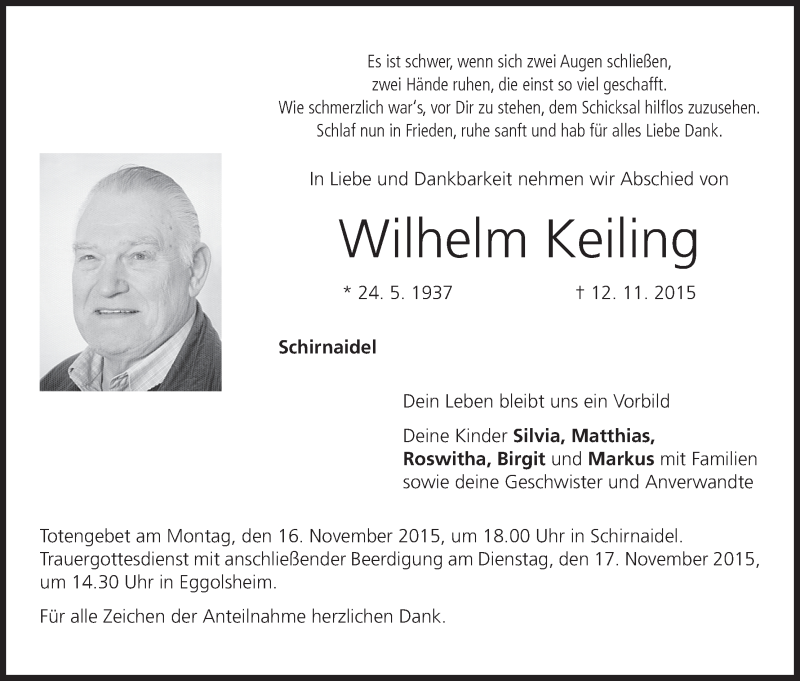  Traueranzeige für Wilhelm Keiling vom 14.11.2015 aus MGO