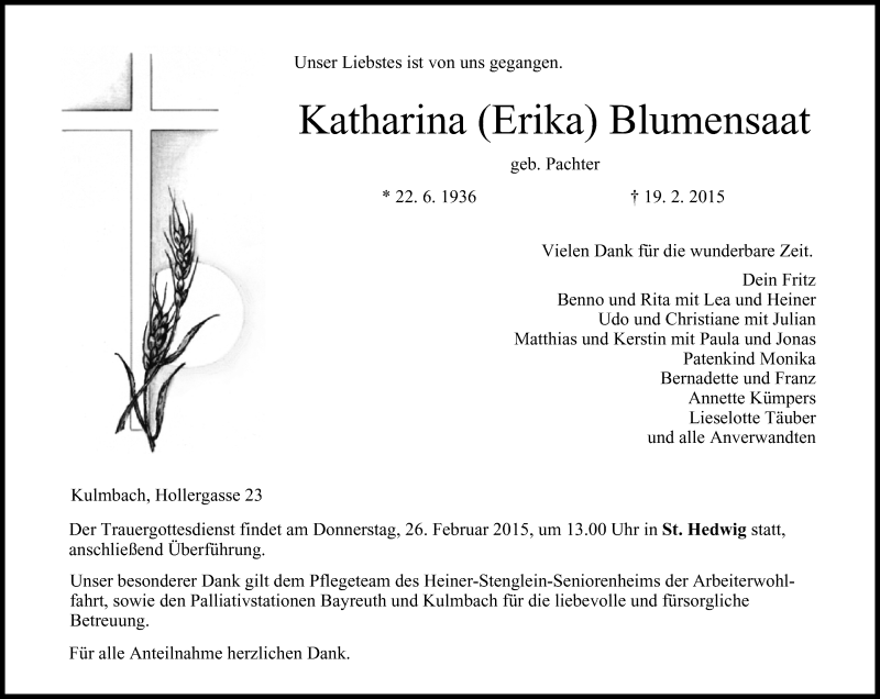  Traueranzeige für Katharina Blumensaat vom 24.02.2015 aus MGO