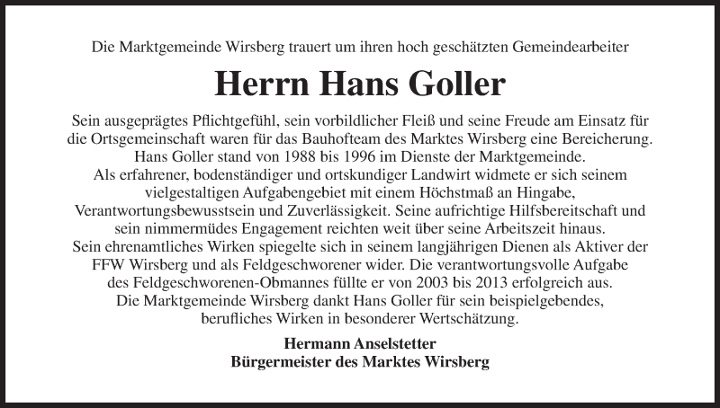  Traueranzeige für Hans Goller vom 01.09.2015 aus MGO