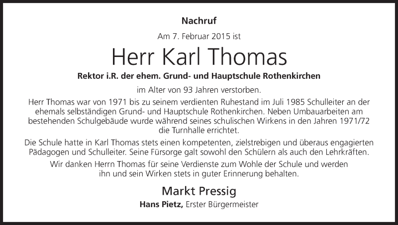  Traueranzeige für Karl Thomas vom 11.02.2015 aus MGO