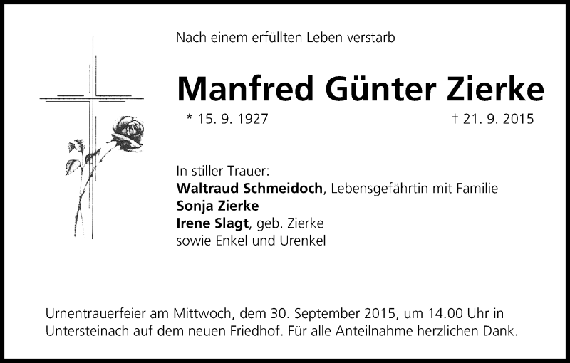  Traueranzeige für Manfred Günter Zierke vom 28.09.2015 aus MGO