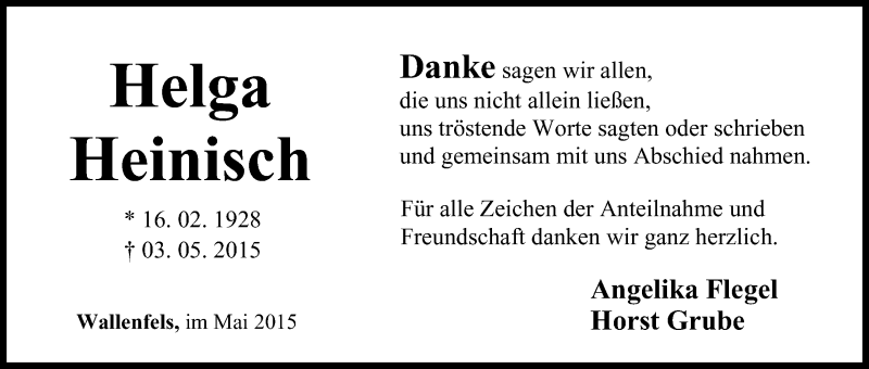  Traueranzeige für Helga Heinisch vom 09.05.2015 aus MGO