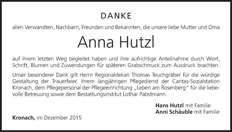  Traueranzeige für Anna Hutzl vom 12.12.2015 aus MGO