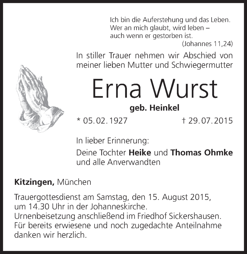  Traueranzeige für Erna Wurst vom 08.08.2015 aus MGO