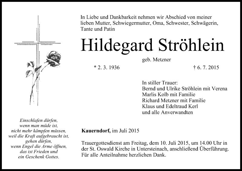  Traueranzeige für Hildegard Ströhlein vom 08.07.2015 aus MGO