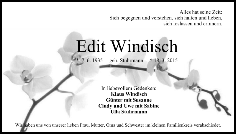  Traueranzeige für Edit Windisch vom 21.03.2015 aus MGO