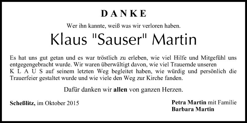  Traueranzeige für Klaus Martin vom 02.10.2015 aus MGO