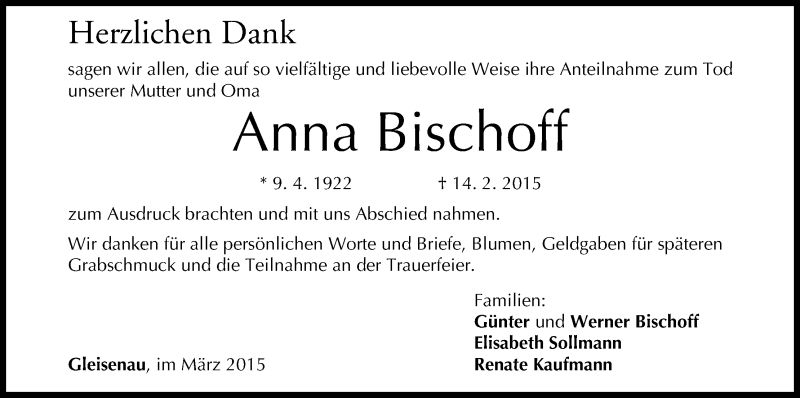  Traueranzeige für Anna Bischoff vom 14.03.2015 aus MGO