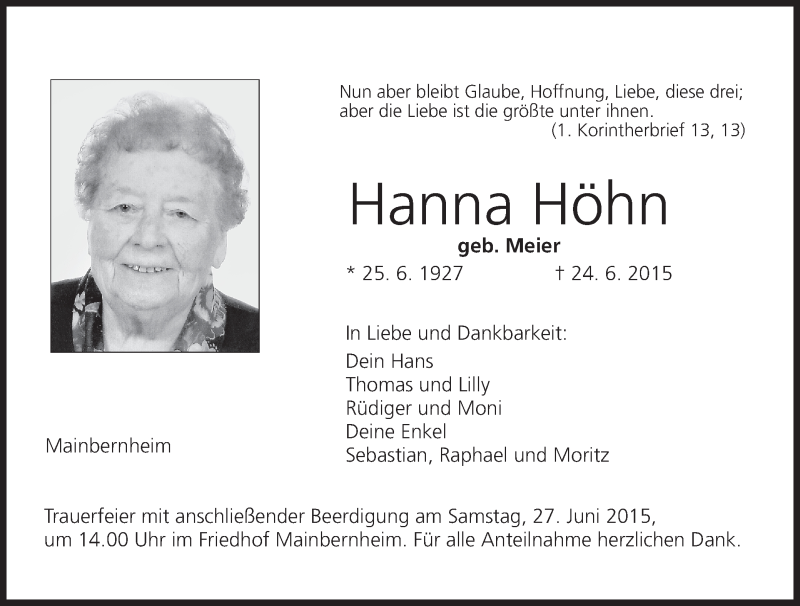  Traueranzeige für Hanna Höhn vom 26.06.2015 aus MGO