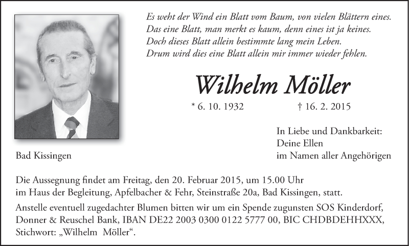  Traueranzeige für Wilhelm Möller vom 19.02.2015 aus MGO
