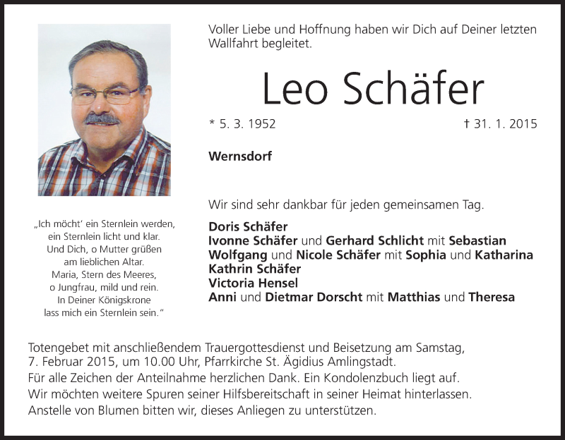  Traueranzeige für Leo Schäfer vom 04.02.2015 aus MGO