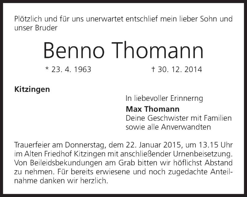  Traueranzeige für Benno Thomann vom 20.01.2015 aus MGO