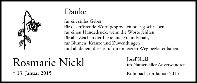  Traueranzeige für Rosmarie Nickl vom 31.01.2015 aus MGO