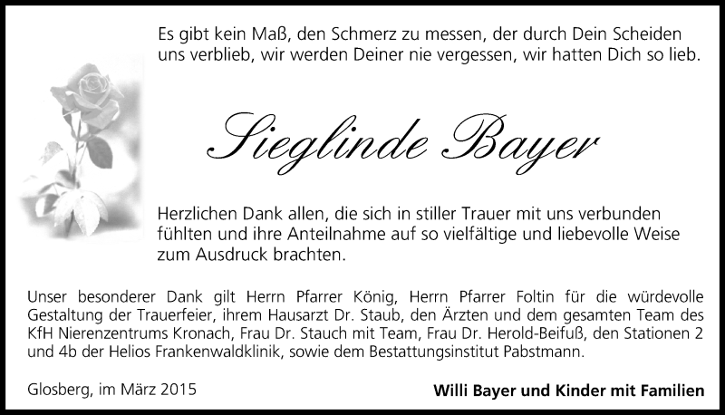  Traueranzeige für Sieglinde Bayer vom 14.03.2015 aus MGO