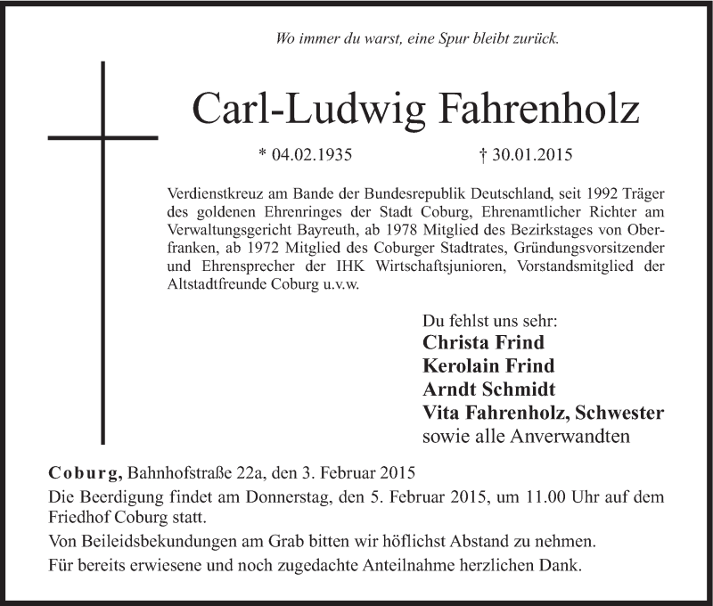  Traueranzeige für Carl-Ludwig Fahrenholz vom 03.02.2015 aus MGO