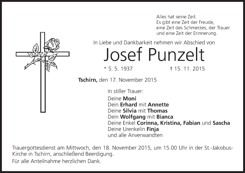  Traueranzeige für Josef Punzelt vom 17.11.2015 aus MGO