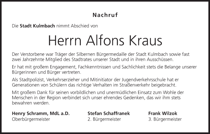  Traueranzeige für Alfons Kraus vom 20.08.2015 aus MGO