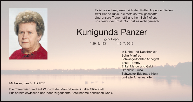  Traueranzeige für Kunigunda Panzer vom 08.07.2015 aus MGO