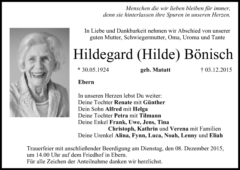  Traueranzeige für Hildegard  Bönisch vom 05.12.2015 aus MGO