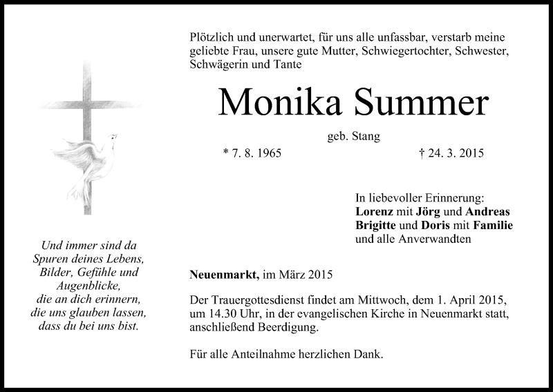  Traueranzeige für Monika Summer vom 28.03.2015 aus MGO