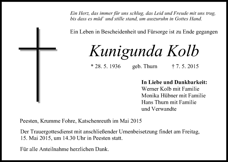  Traueranzeige für Kunigunda Kolb vom 13.05.2015 aus MGO