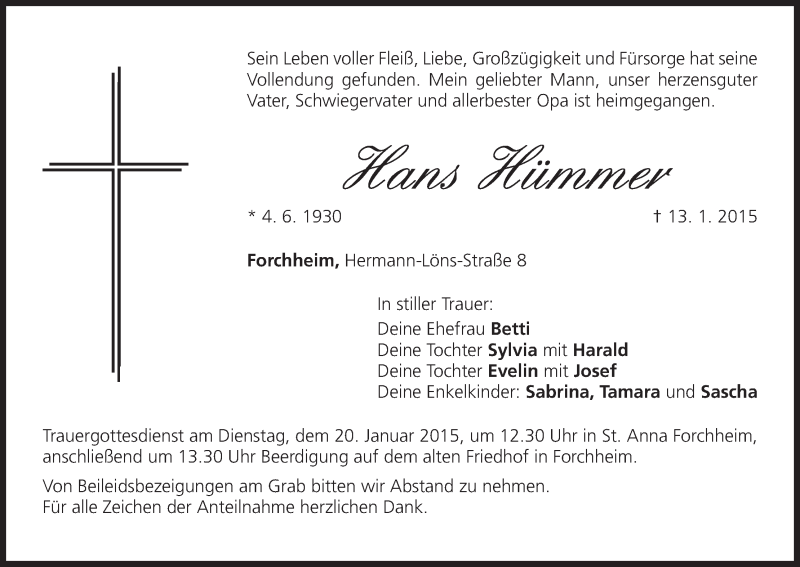  Traueranzeige für Hans Hümmer vom 17.01.2015 aus MGO